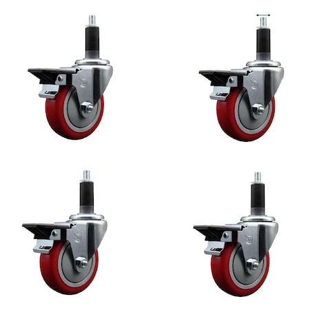 Service Caster 4'' Red Poly Swivel 1-1/8'' Expanding Stem Caster Set with Brake, 4PK SCC-EX20S414-PPUB-RED-PLB-118-4